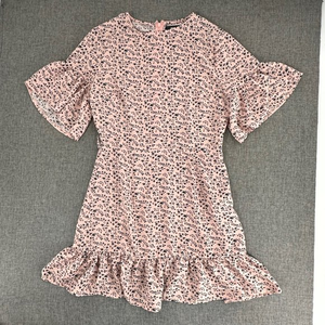 MISSGUIDED Floral Dress Pink Gray‎ Size 4 Ruffled Trim Butterfly Sleeves
